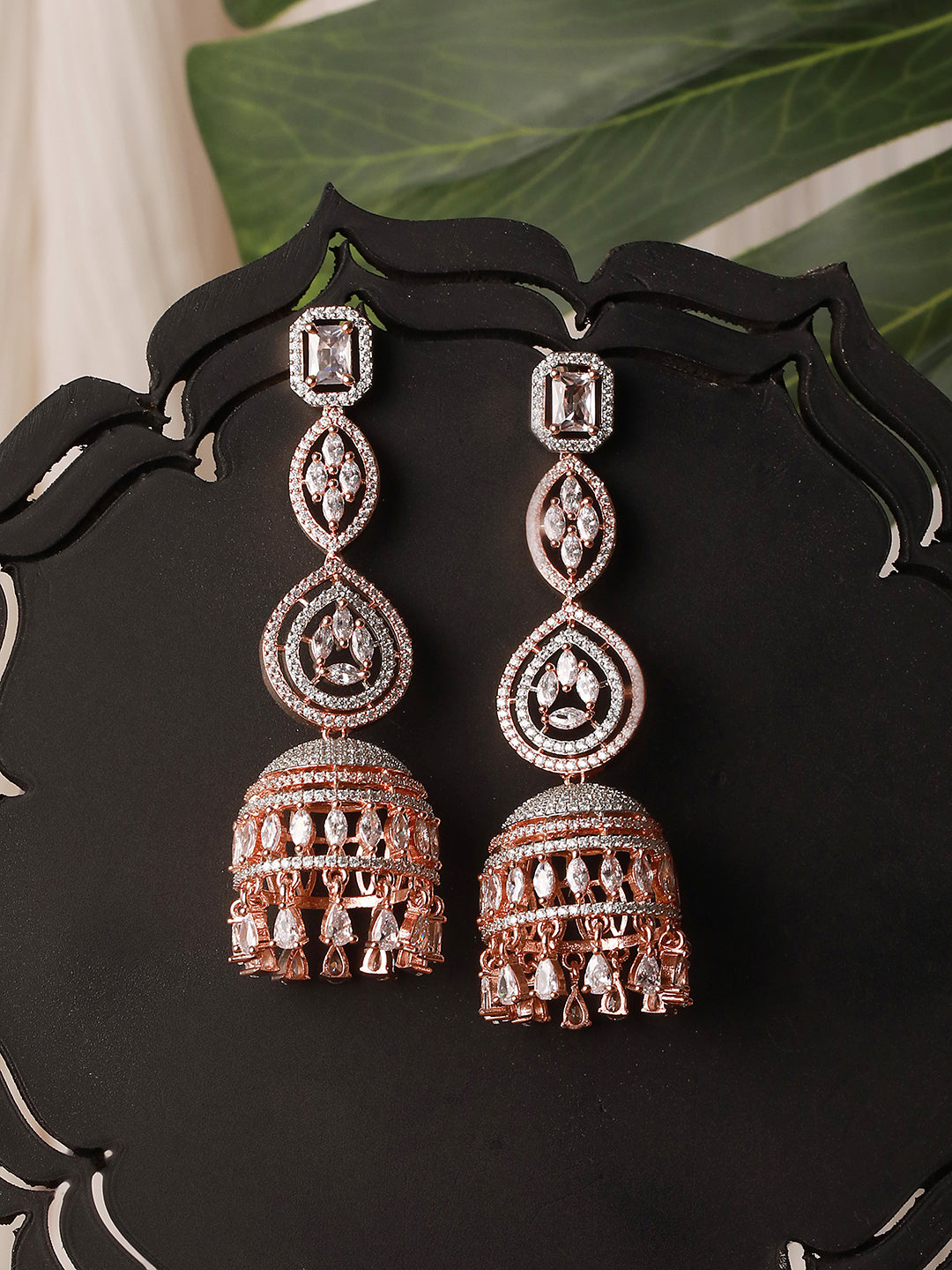Rose Gold plated Bell shaped AD studded Jhumka Earrings